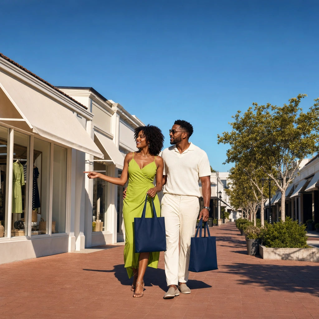 Couple strolling a boutique street with shopping totes, Shopping & Fashion Tours experience gift