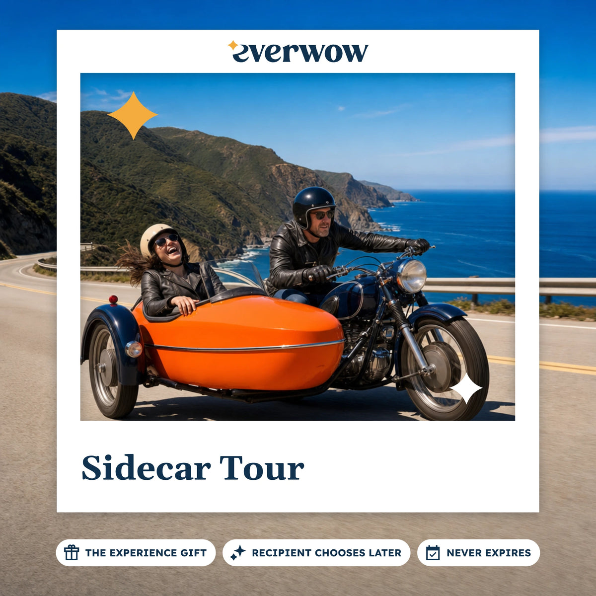 Everwow Sidecar Tour experience gift photo in a frame, sidecar on a coastal road