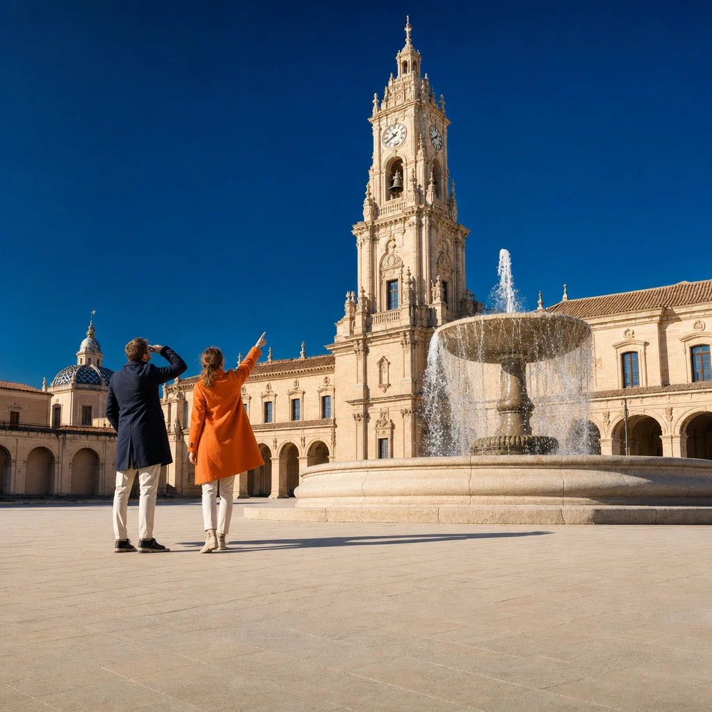 Two visitors by a plaza fountain pointing at a clock tower, City Highlights experience gift
