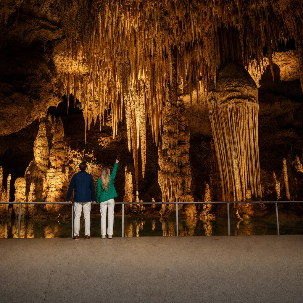Two visitors gazing up at vast stalactites in a warm-lit cavern, Explore the underworld experience gift