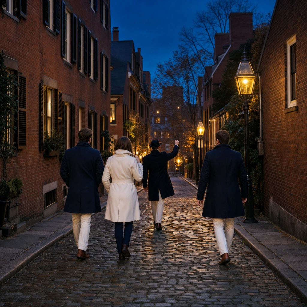 Guide with a lantern leading three friends down a cobblestone lane at dusk, Ghost tours experience gift