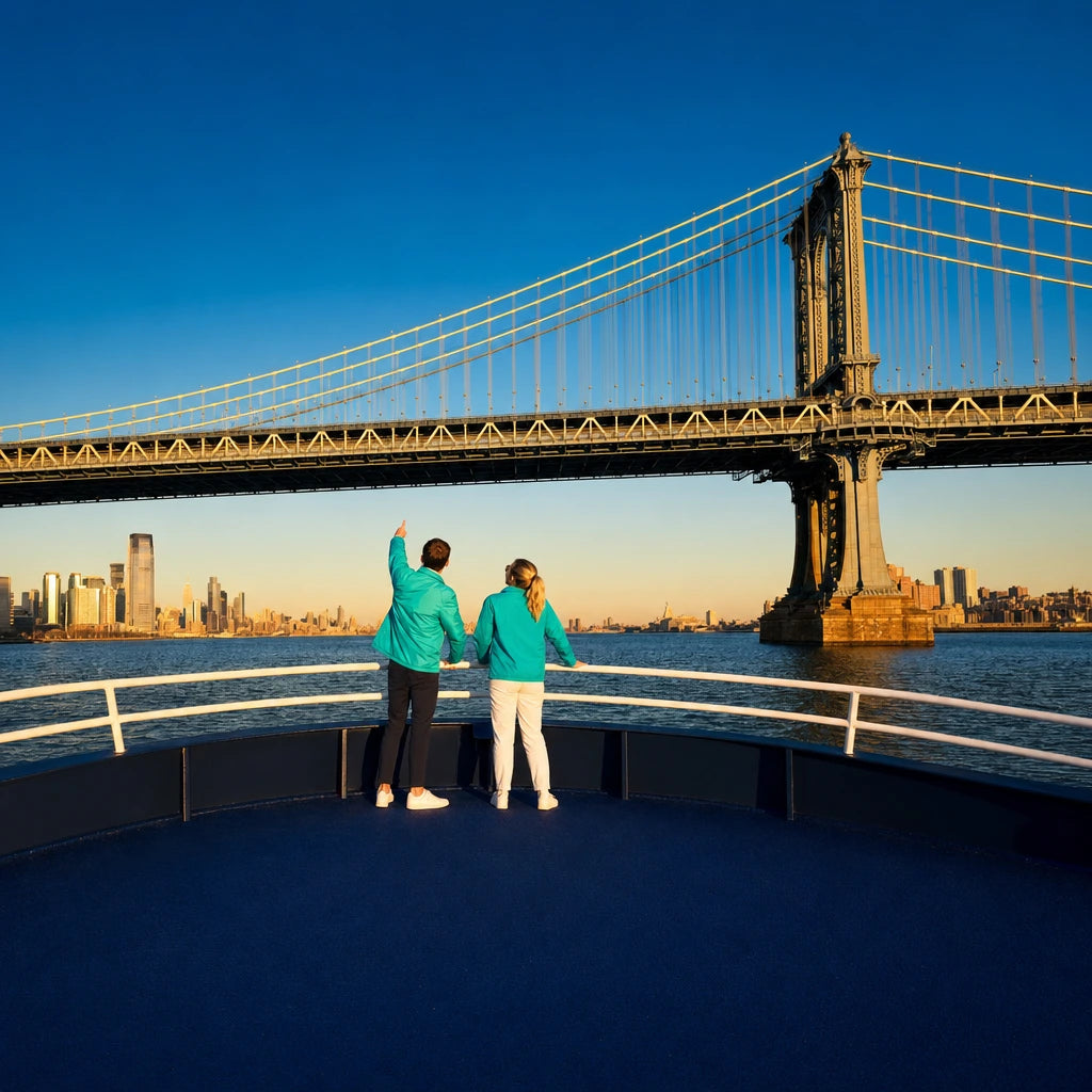 Two passengers at the bow of a sightseeing boat nearing a suspension bridge, Sail Away experience gift