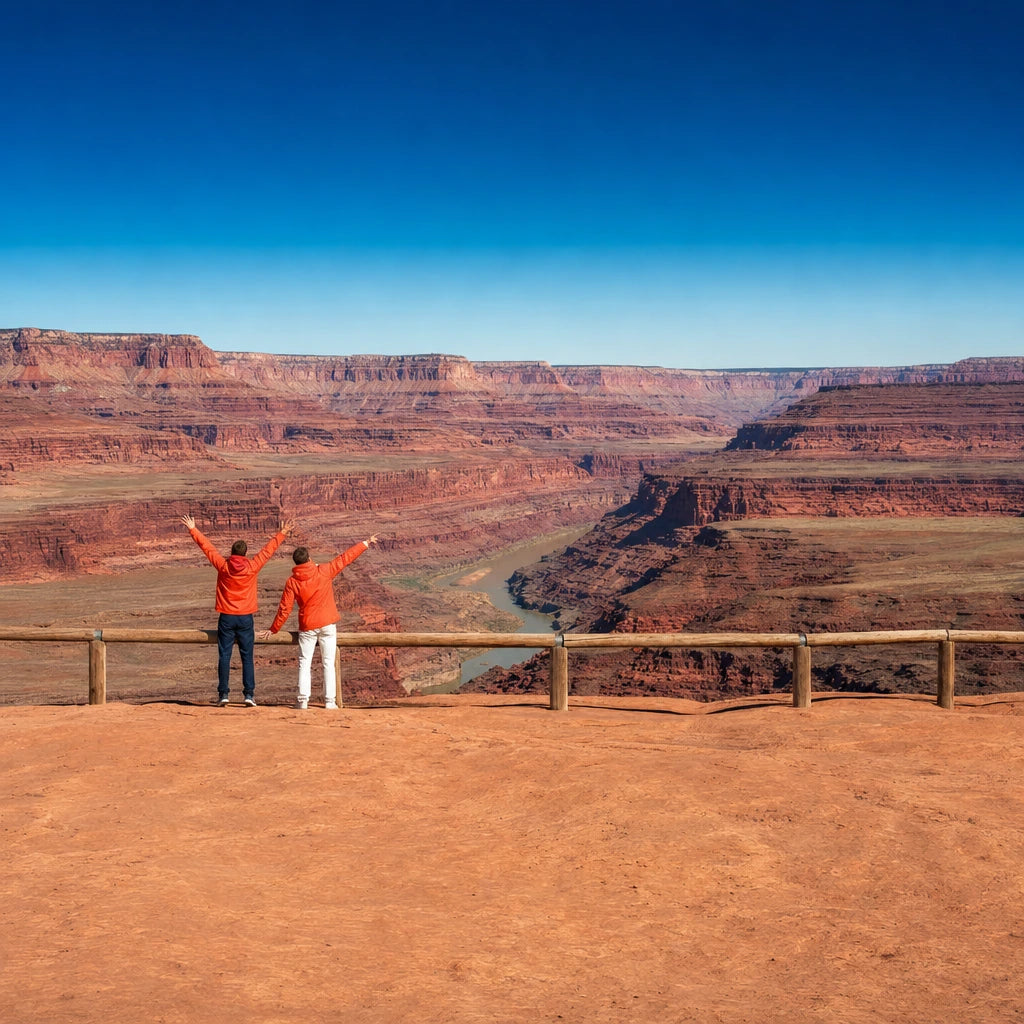 Two small figures at a canyon overlook rail, arms raised to the view, Must-See Sights experience gift