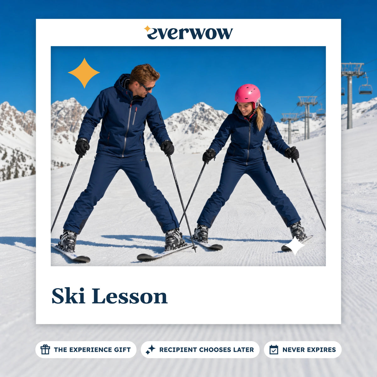 Everwow Ski Lesson experience gift photo in a frame, snowplow lesson on the slope