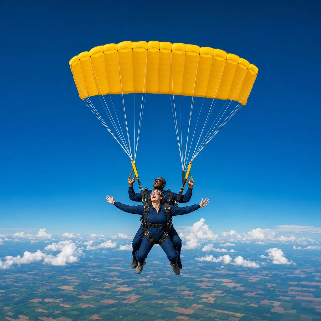 Tandem skydivers drifting under one canopy above patchwork farmland, Skydiving experience gift