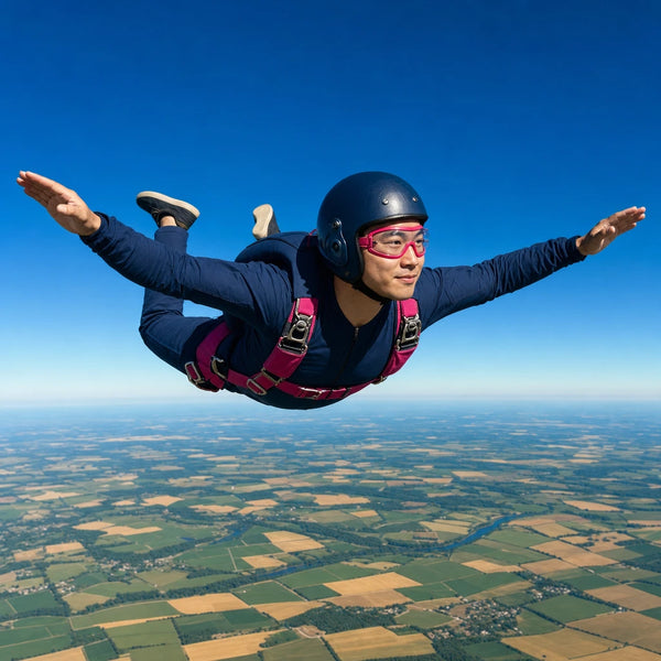 Skydiver in freefall with arms spread over patchwork farmland, Sky's the Limit experience gift