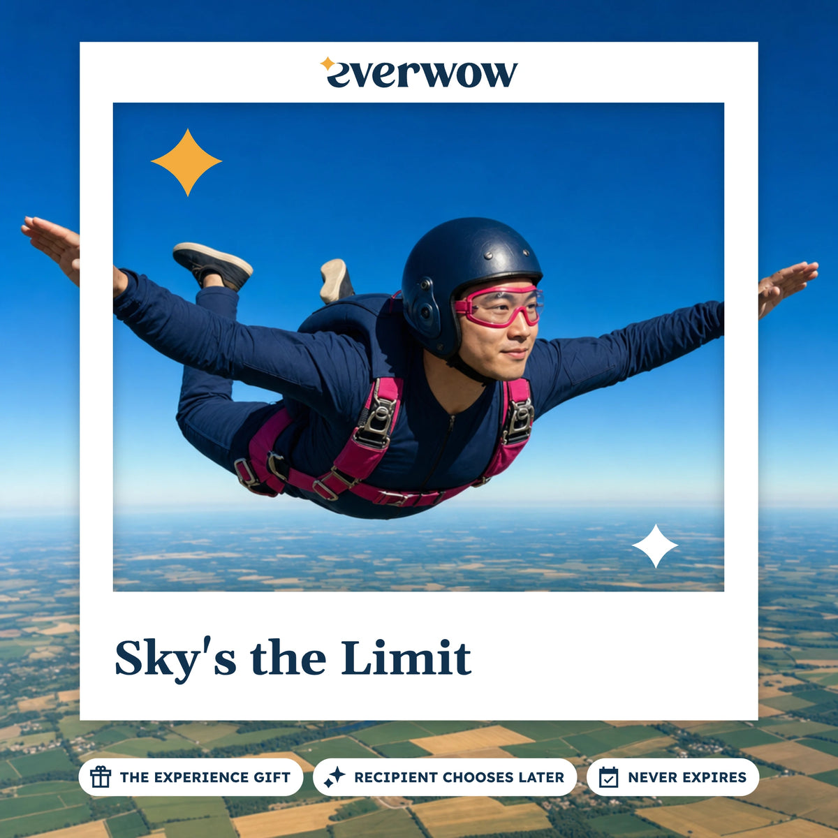 Everwow Sky's the Limit experience gift photo in a frame, skydiver over farmland