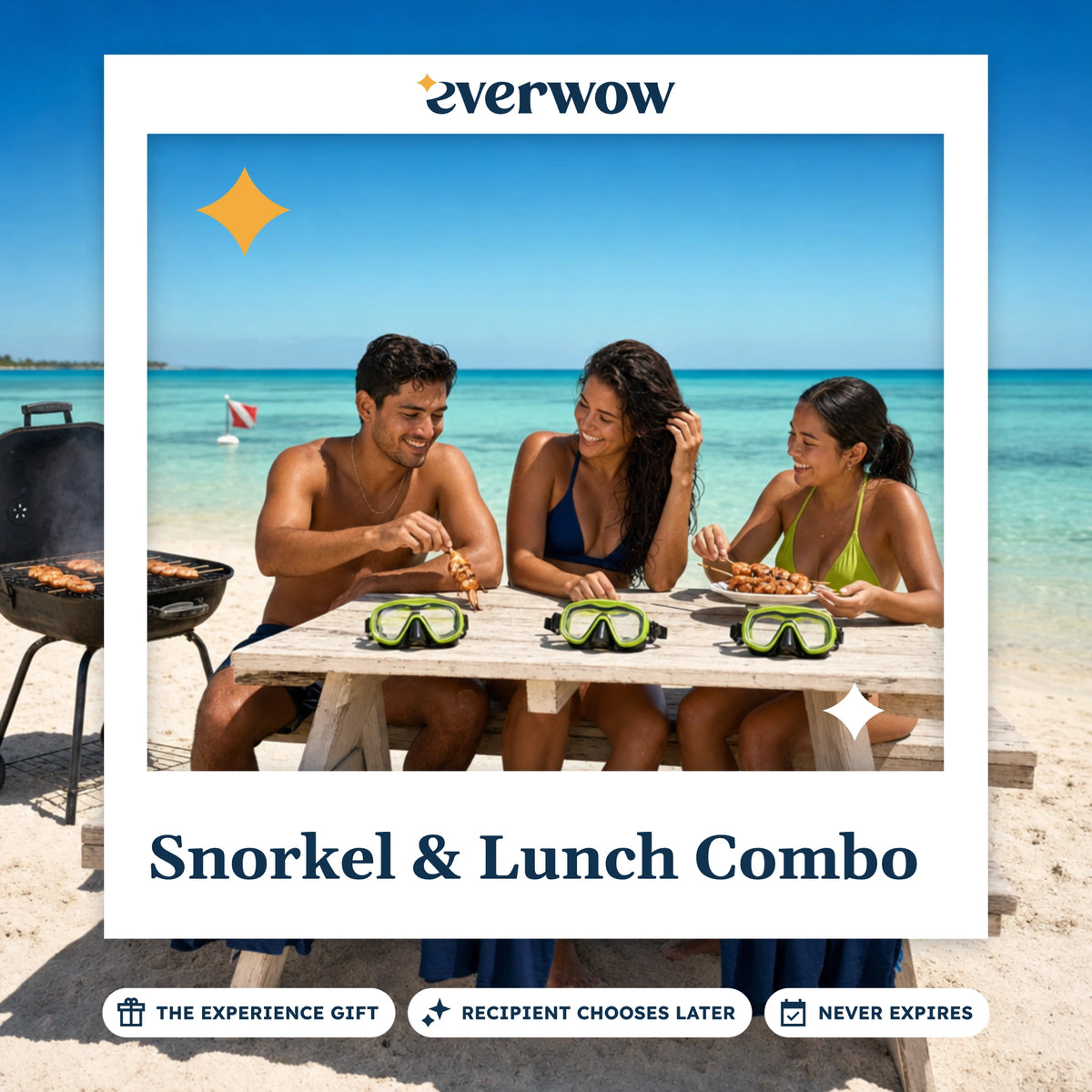 Everwow Snorkel & Lunch Combo experience gift photo in a frame, friends at a beach BBQ table