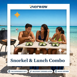 Everwow Snorkel & Lunch Combo experience gift photo in a frame, friends at a beach BBQ table