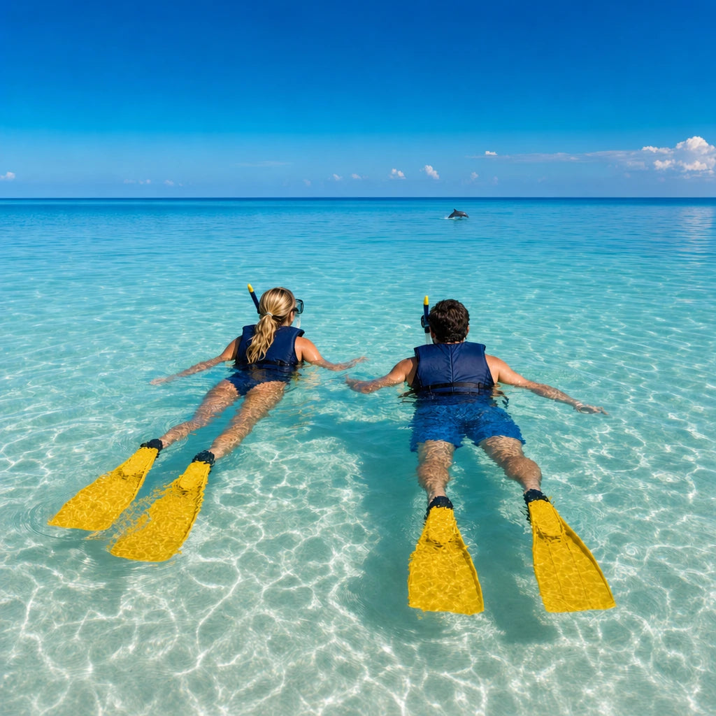 Two swimmers floating at the surface as a dolphin arcs through open water ahead, Snorkel with Dolphins experience gift