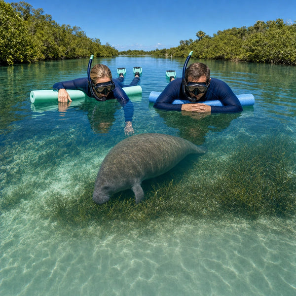 Couple floating still above a manatee grazing in a clear Florida spring, Snorkel with Manatees experience gift