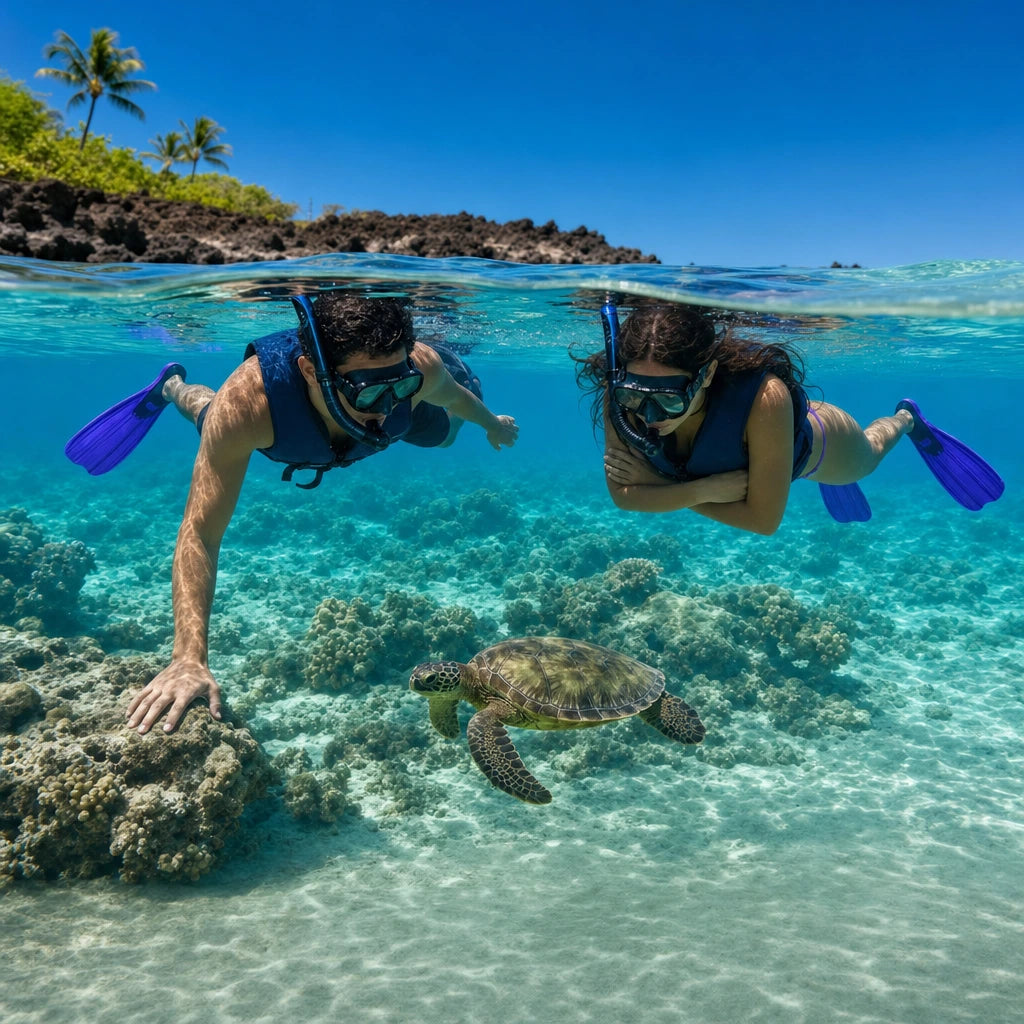 Two snorkelers floating above a reef as a green sea turtle glides below, Snorkel with Sea Turtles experience gift