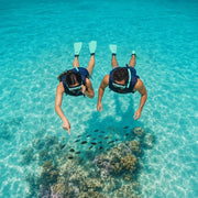 Couple floating over a shallow coral reef pointing out reef fish, Snorkeling experience gift