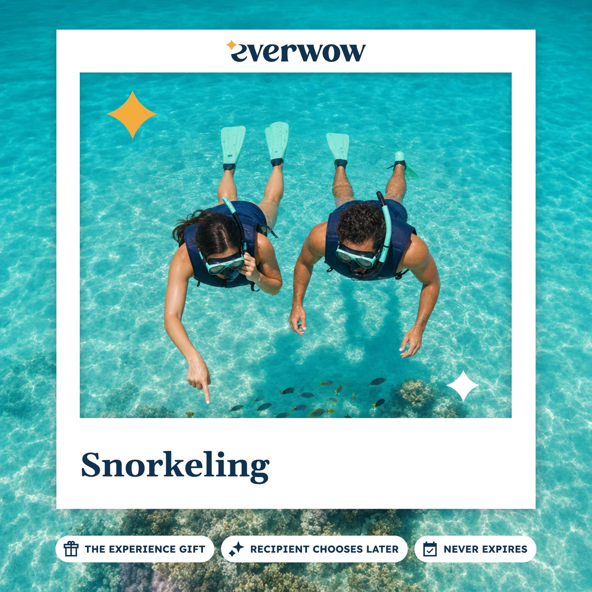 Everwow Snorkeling experience gift photo in a frame, couple snorkeling over coral