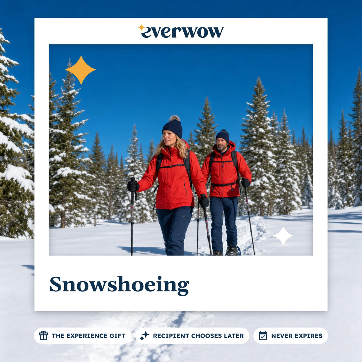 Everwow Snowshoeing experience gift photo in a frame, snowshoers among evergreens