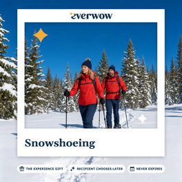 Everwow Snowshoeing experience gift photo in a frame, snowshoers among evergreens