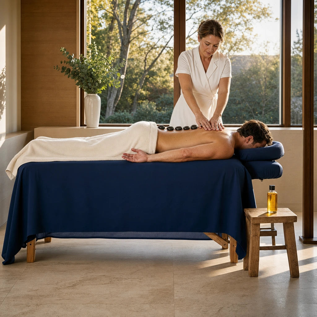 Man relaxing during a hot stone back massage, Body Restore experience gift