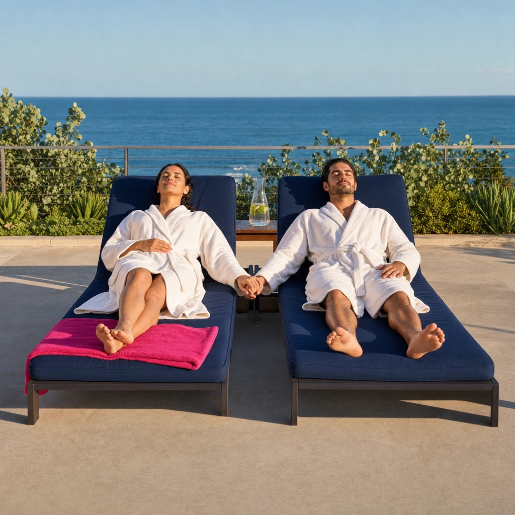 Couple reclining hand in hand on a sea-view spa terrace, Couples Calm experience gift