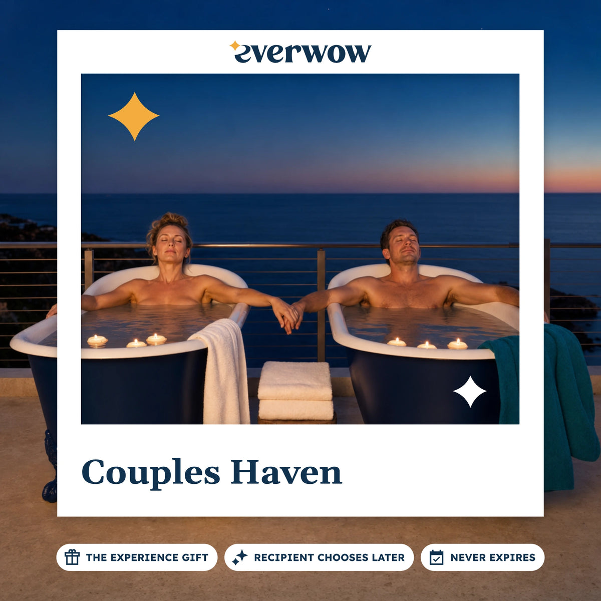 Everwow Couples Haven experience gift photo in a frame, twin tubs at dusk