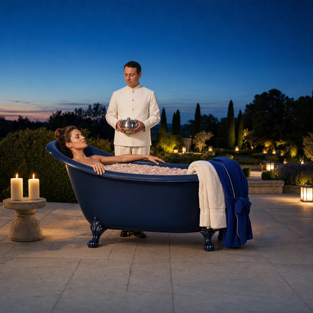 Woman reclining in a petal-topped clawfoot tub on a garden terrace at dusk, Spa Day Magic experience gift