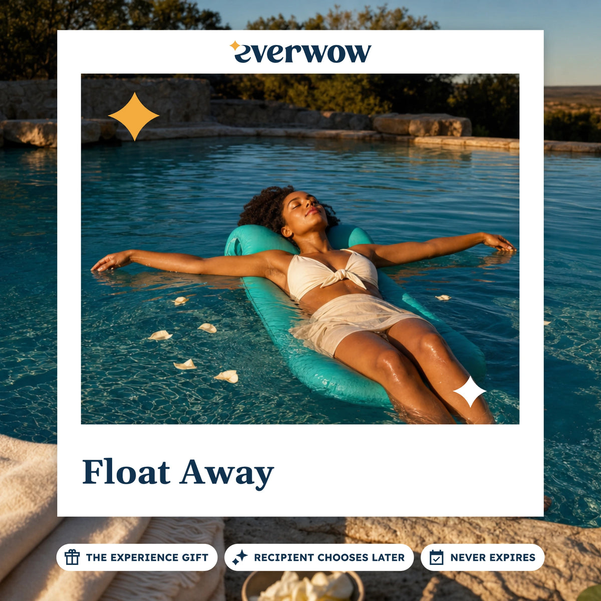 Everwow Float Away experience gift photo in a frame, woman floating on a pool