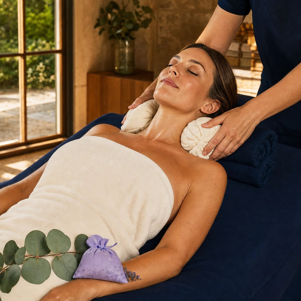 Woman receiving a warm compress massage on a treatment table, Massage Bliss experience gift