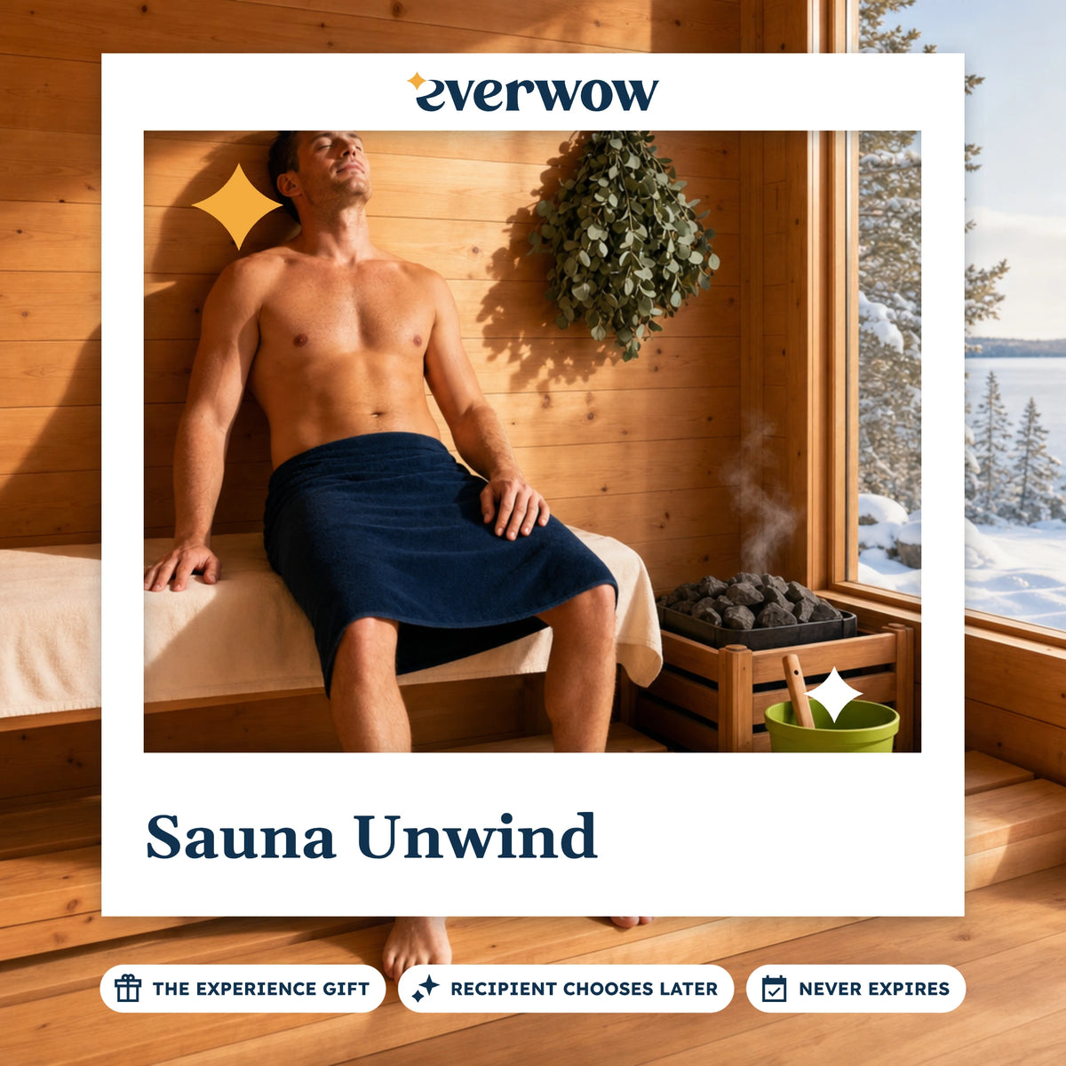 Everwow Sauna Unwind experience gift photo in a frame, cedar sauna with snowy view