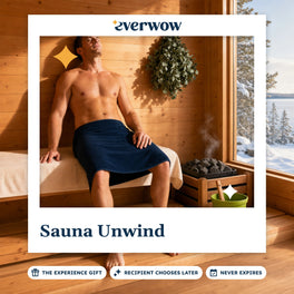 Everwow Sauna Unwind experience gift photo in a frame, cedar sauna with snowy view