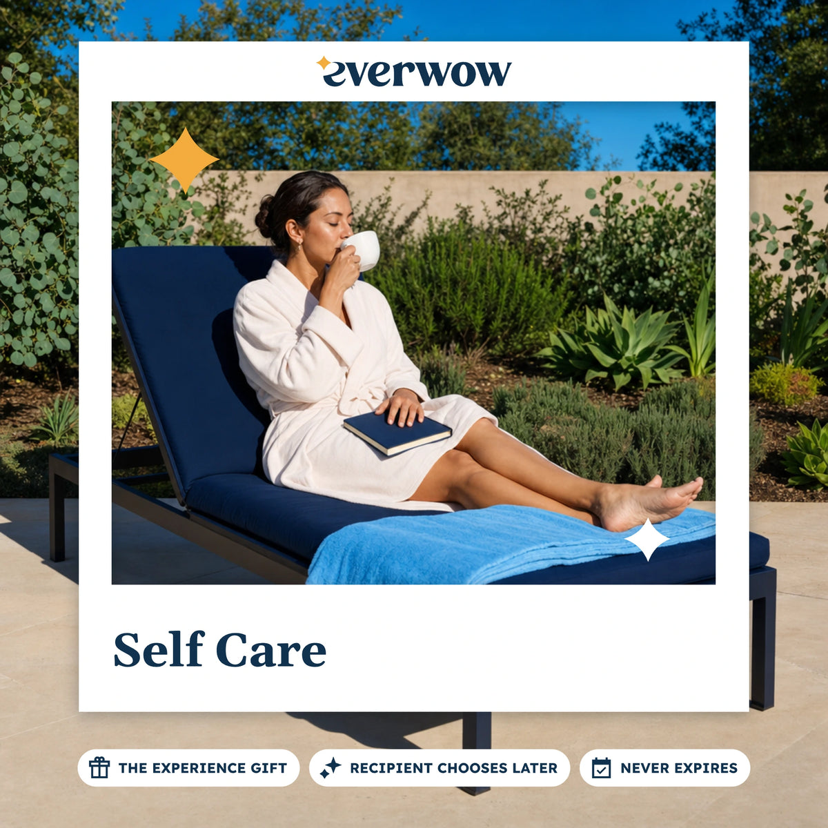 Everwow Self Care experience gift photo in a frame, tea on a garden lounger