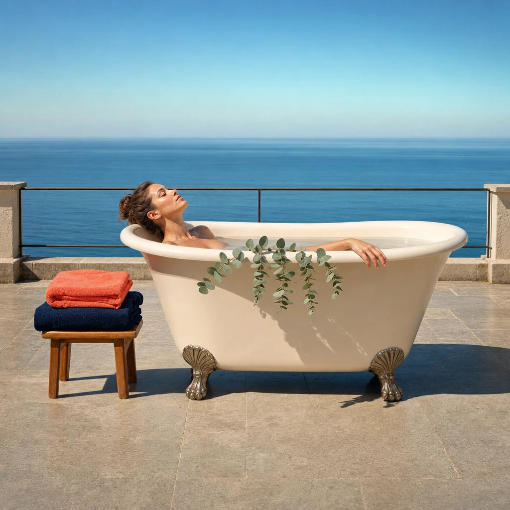 Woman soaking in a clawfoot tub on a sunny sea-view terrace, Spa Bliss experience gift