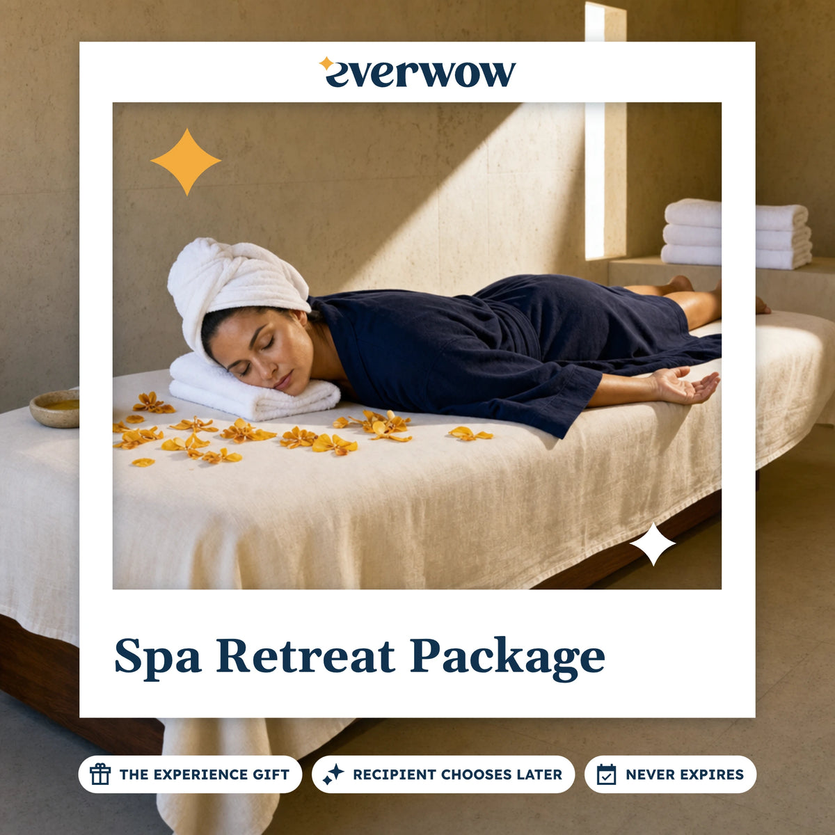 Everwow Spa Retreat Package experience gift photo in a frame, woman resting at a spa