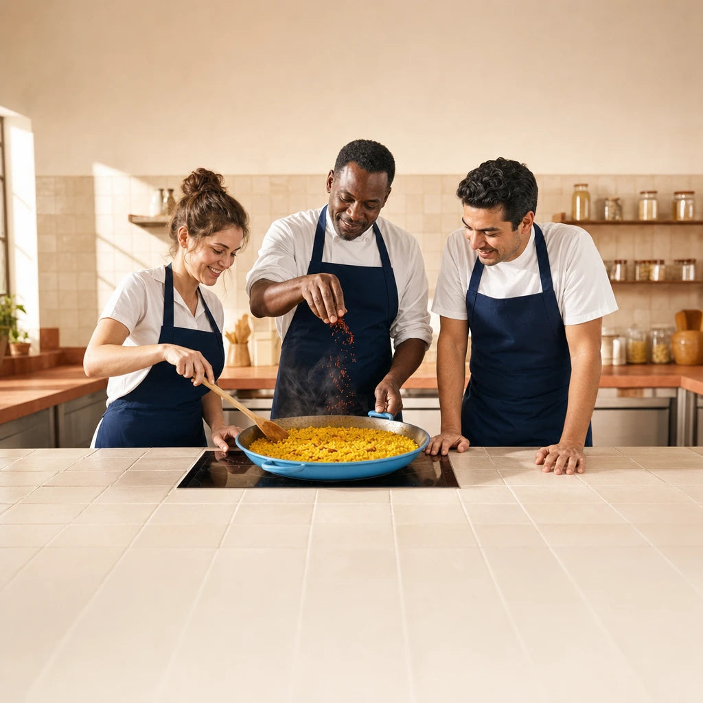 Chef adding saffron to a paella pan as two students watch, Spanish Cooking experience gift