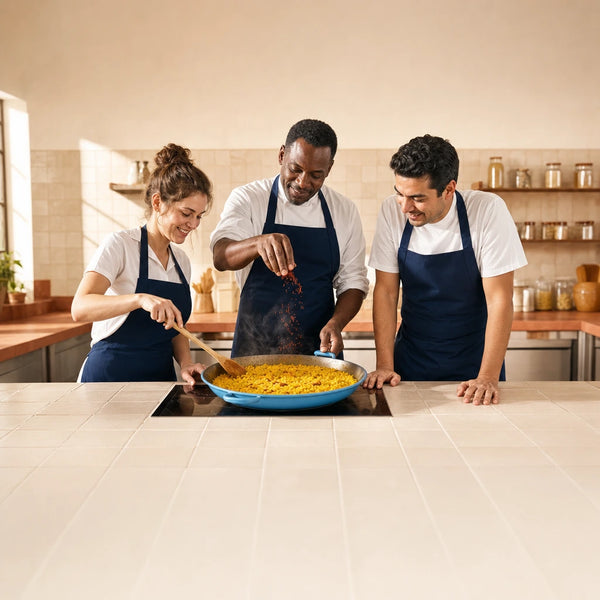 Chef adding saffron to a paella pan as two students watch, Spanish Cooking experience gift