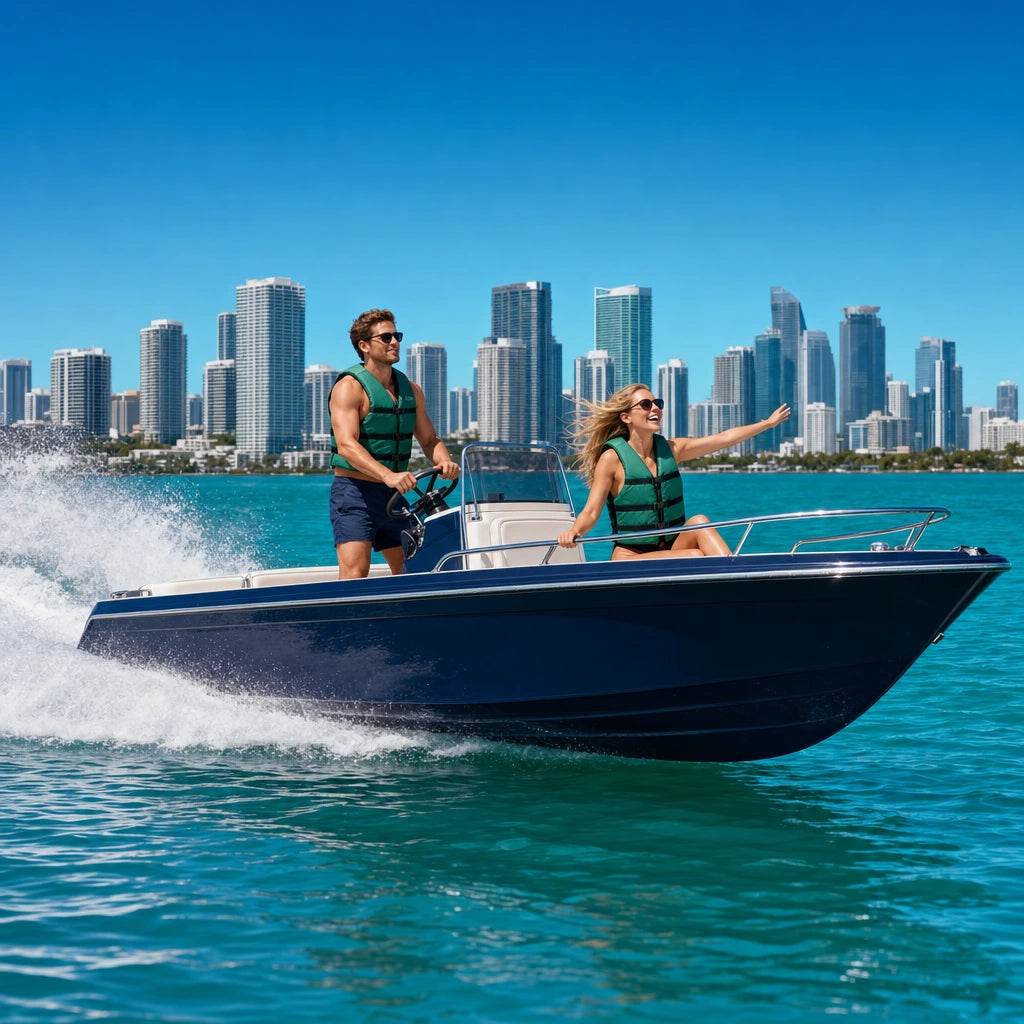Couple driving a speedboat across turquoise Biscayne Bay near Miami, Speedboat Rental experience gift