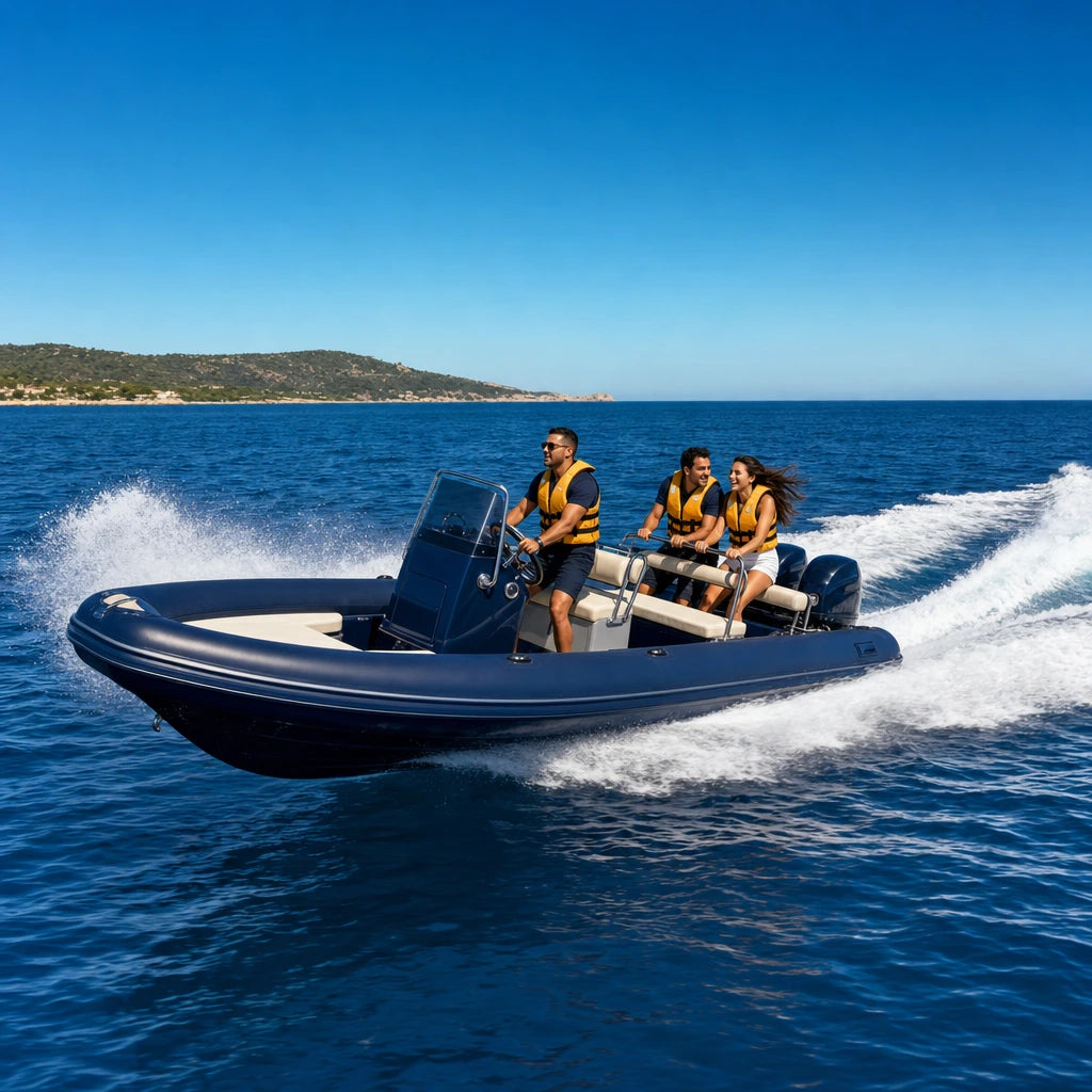 Driver and couple carving a fast turn in an open tour boat on blue water, Speedboat Tours experience gift