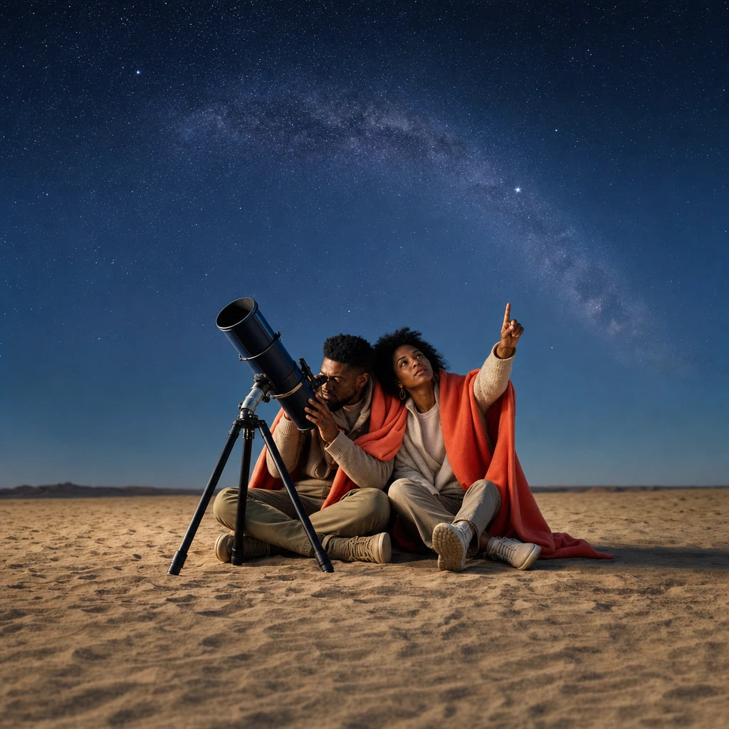 Couple under a blanket beside a telescope beneath the Milky Way, Stargazing & Astronomy experience gift