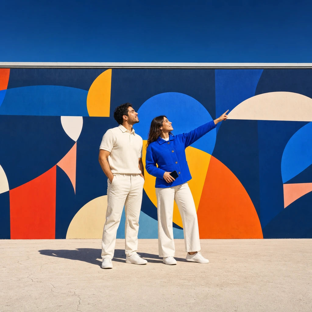 Couple admiring a large wall mural in a sunlit alley, Street Art & Mural Tours experience gift