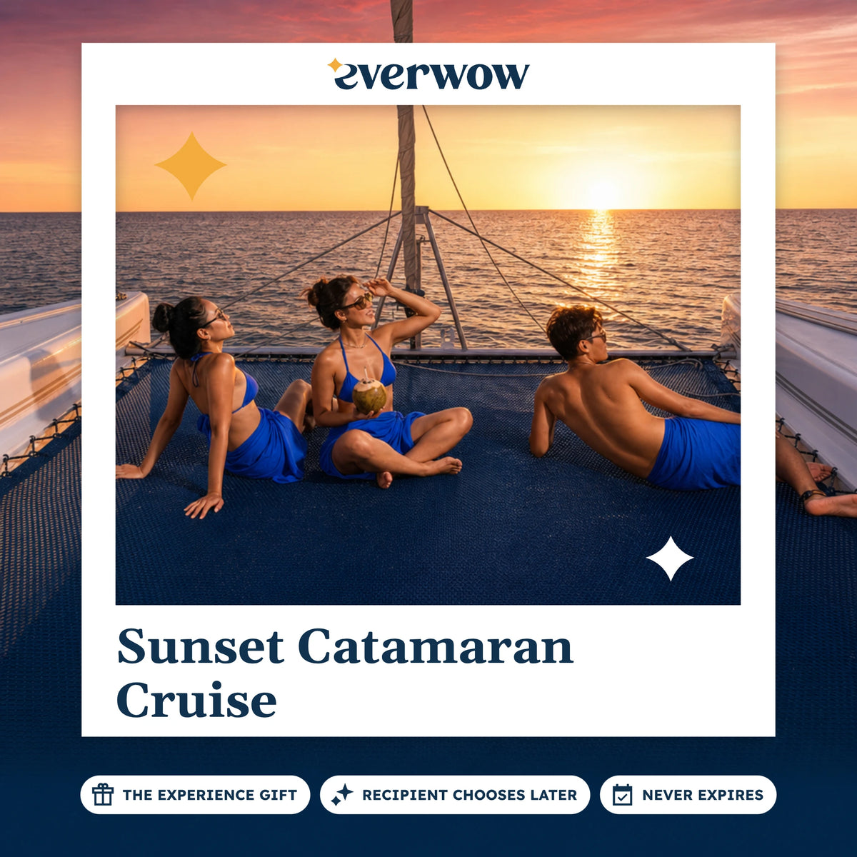 Everwow Sunset Catamaran Cruise experience gift photo in a frame, friends at sunset on a catamaran