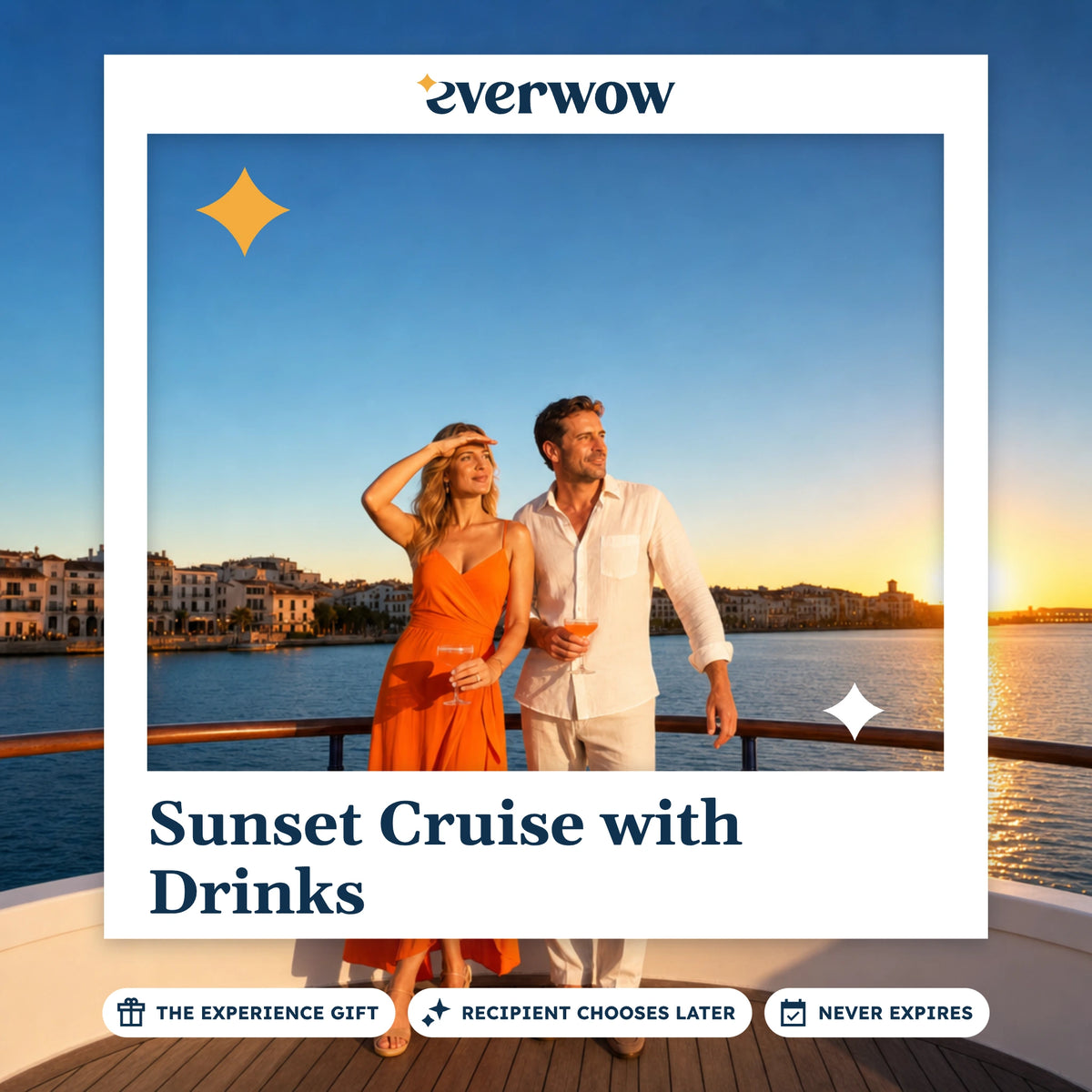 Everwow Sunset Cruise with Drinks experience gift photo in a frame, cocktails at harbor sunset
