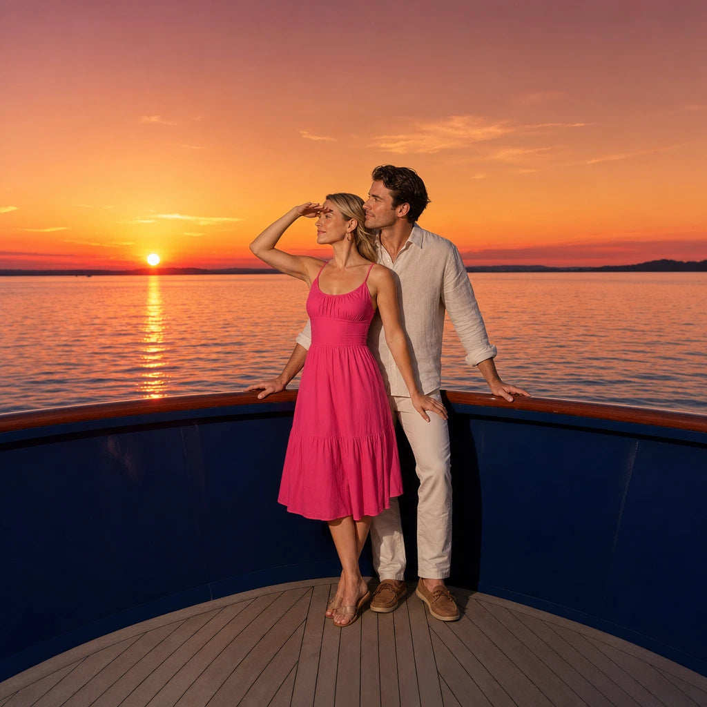 Couple at a boat's bow rail watching the sun set over the harbor, Sunset Cruises experience gift