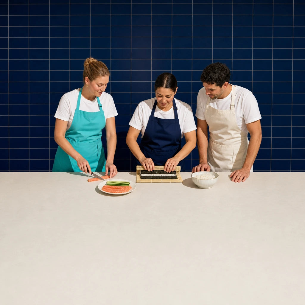 Instructor rolling sushi with a bamboo mat as two students watch, Sushi Making Class experience gift
