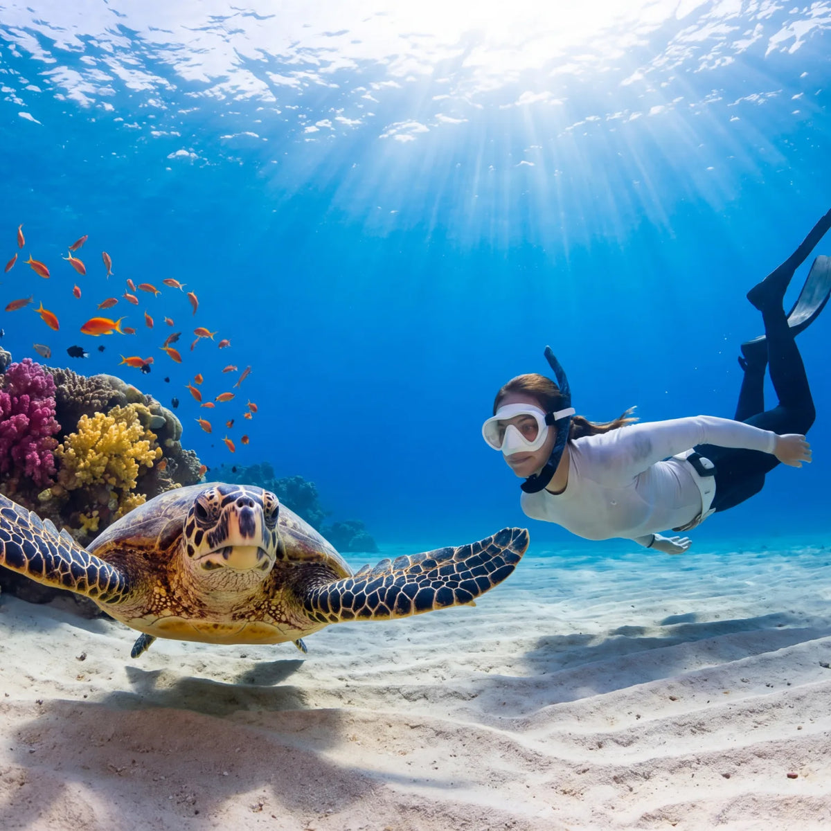 Freediver swimming alongside a green sea turtle over a bright tropical coral reef