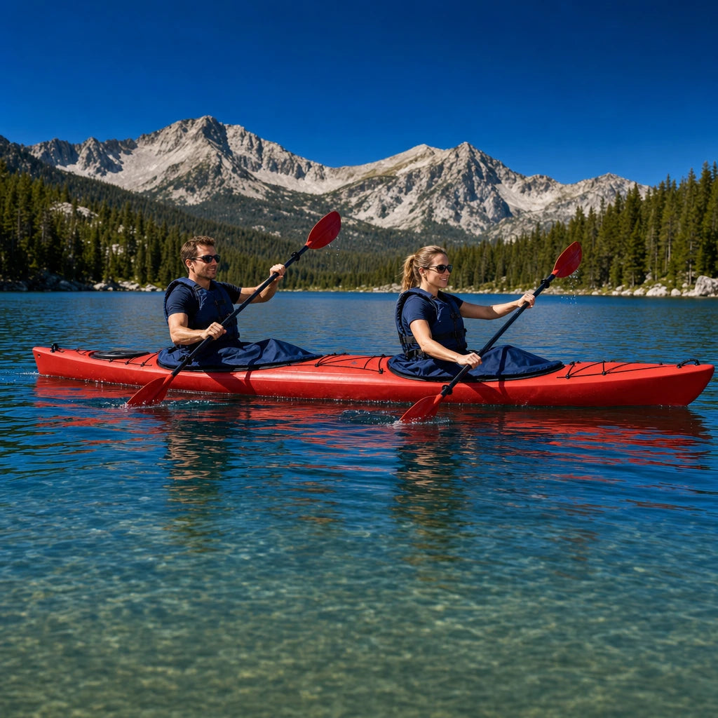 Two paddlers in a red tandem kayak crossing a clear alpine lake, Tandem Kayak experience gift