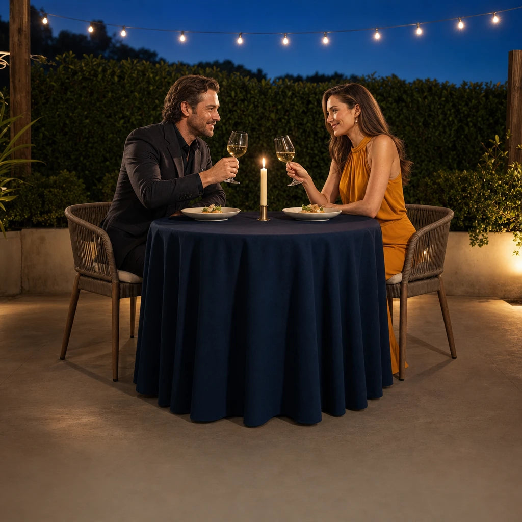 Couple sharing a toast over a plated course at a candlelit patio table, Tasting Menu Dinner experience gift