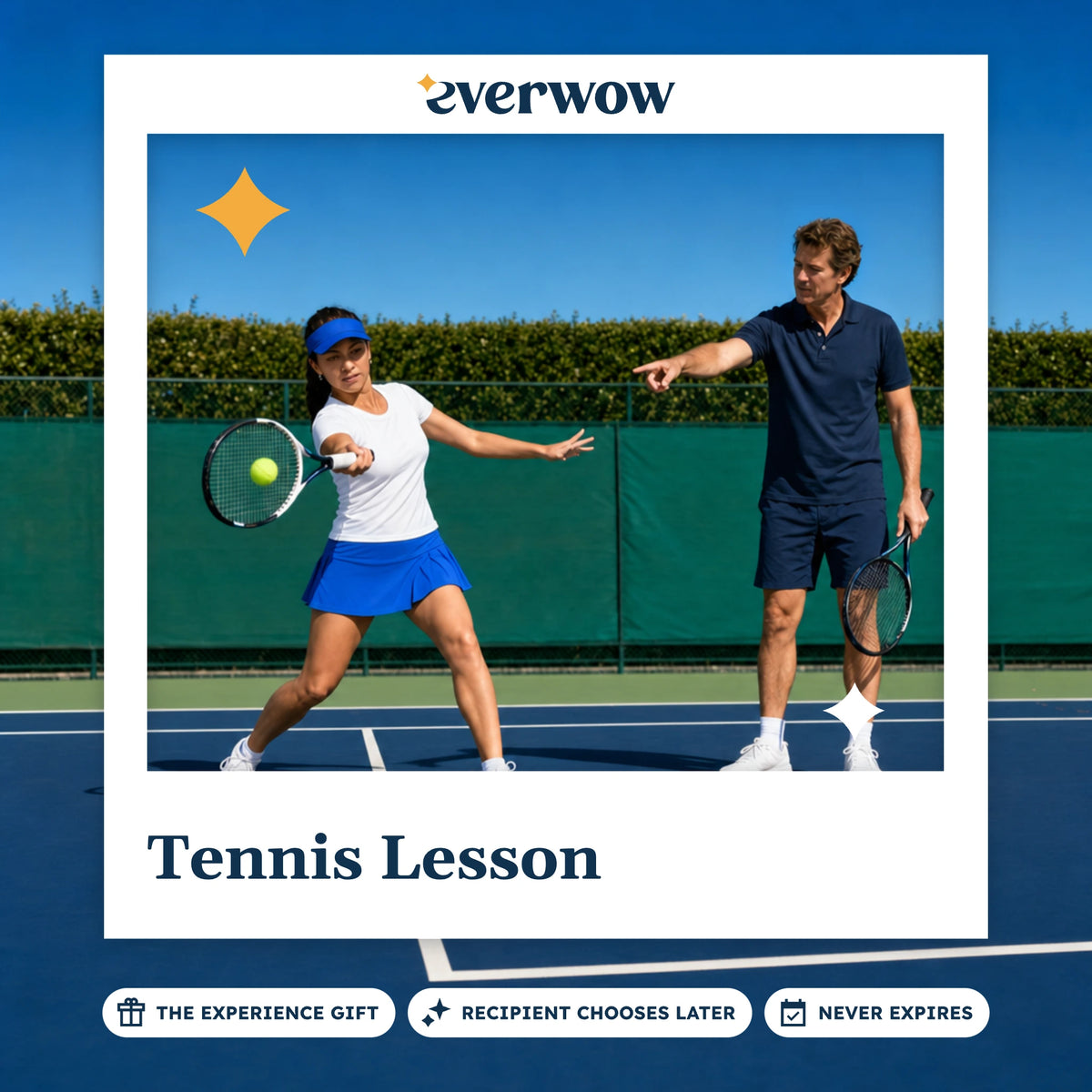 Everwow Tennis Lesson experience gift photo in a frame, forehand lesson on court