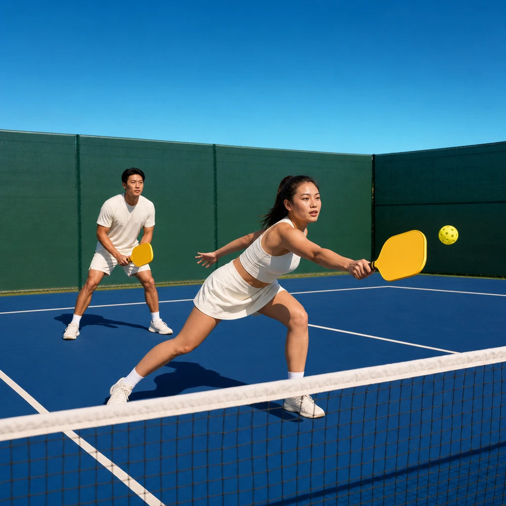 Couple mid-rally with yellow paddles on a navy pickleball court, Tennis & Pickleball experience gift