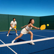 Couple mid-rally with yellow paddles on a navy pickleball court, Tennis & Pickleball experience gift