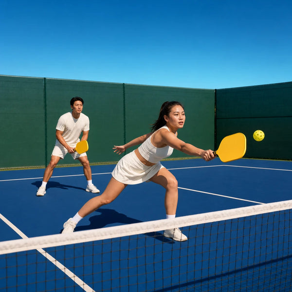Couple mid-rally with yellow paddles on a navy pickleball court, Tennis & Pickleball experience gift