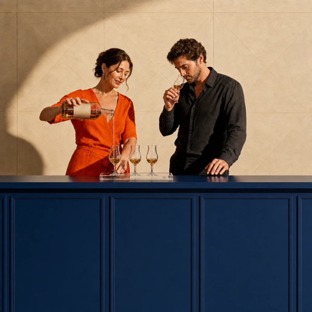 Sommelier pouring tequila as a guest noses a glass from the flight tray, Tequila Tasting experience gift