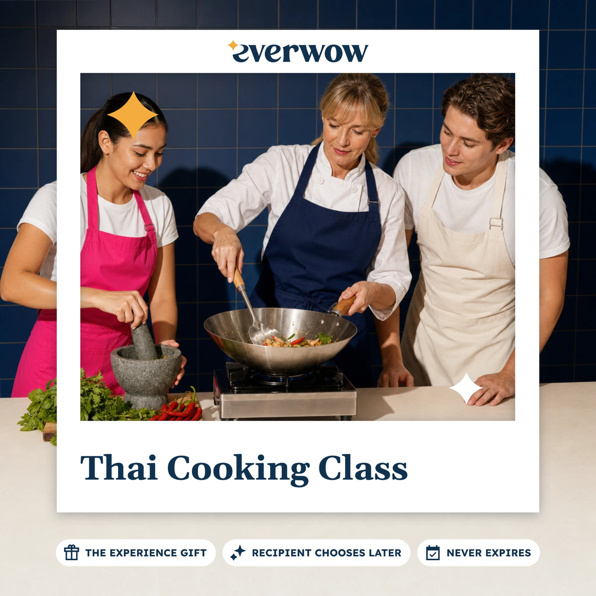 Everwow Thai Cooking Class experience gift photo in a frame, students at a wok station